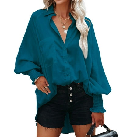 

Womens Button Down V Neck Denim Shirts Long Sleeve Blouse Roll Up Cuffed Sleeve Casual Work Plain Tops with Pockets