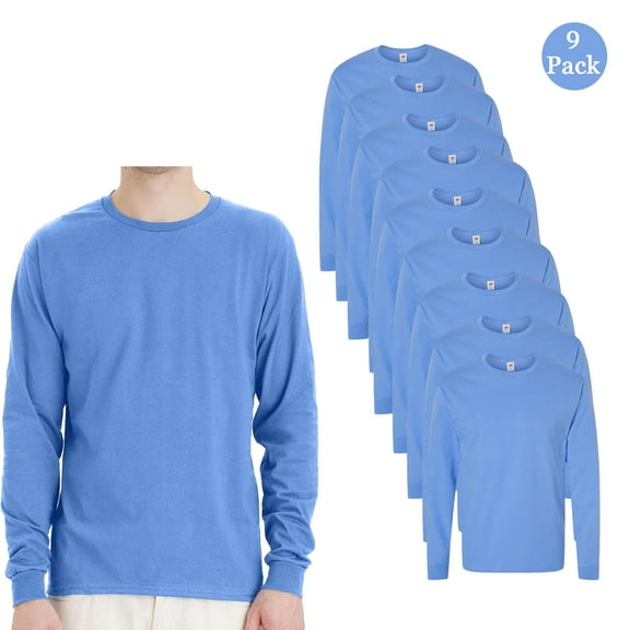 Hanes Men Essential-T Long Sleeve T-Shirt, 9-Pack, Comfortable Crew Neck Carolina Blue Blank Tee S