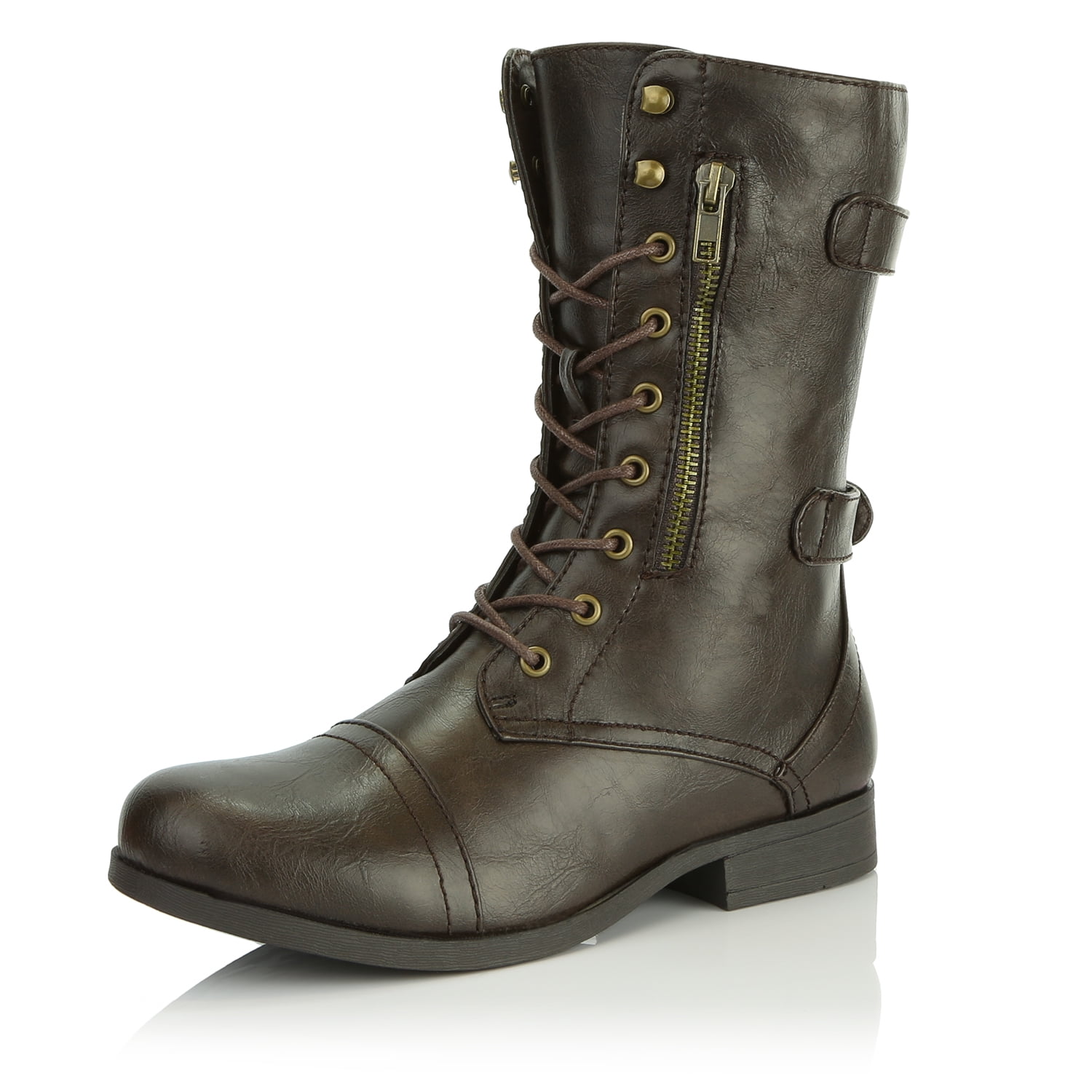 DailyShoes DailyShoes Women's Military Ankle Lace Up Buckle Combat Boots Mid Knee High Booties