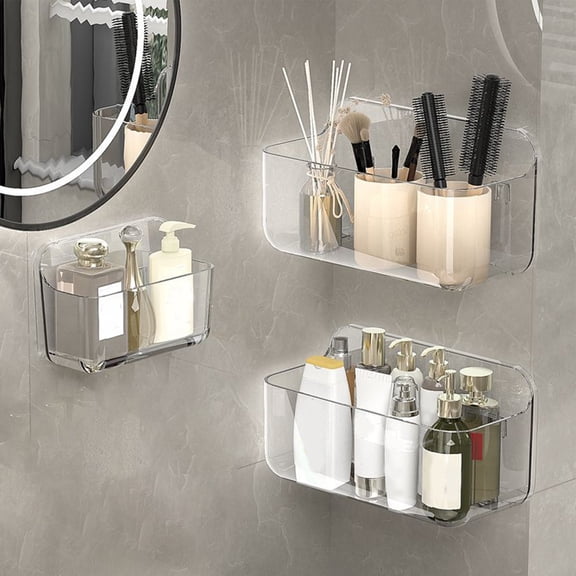 Clear Plastic Hanging Bathroom Organizer with Drainage Holes, Large Capacity Wall Mount Shelf for Cosmetics Storage, Adhesive No-drill Shower Caddy Keeps Items Dry
