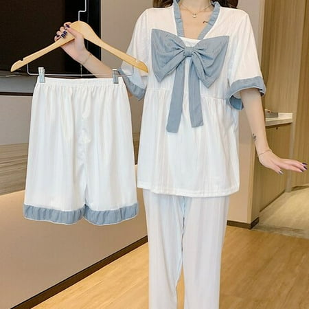 

PIKADINGNIS WAVMIT New Women Pajamas Set CottonSleepwear Shirt Short Sleeve Pyjamas Young Girl Short 3 Pieces Solid Color Homewear Clothes