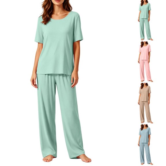 ITSAME Pajamas Set for Women Crew Neck Short Sleeve Top and Pants 2-Piece Loose Casual Loungewear Green Size 3XL