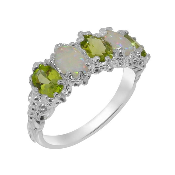 LBG British Made 925 Sterling Silver Natural Peridot & Opal Womens Eternity Ring - 33 size options - Size 10