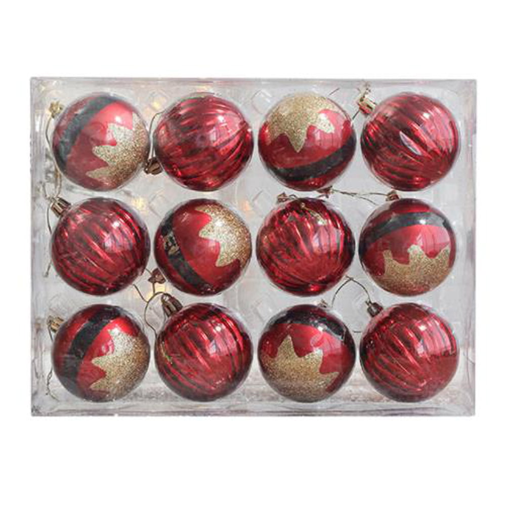 Premier 12 Shatterproof 80mm Glitter Christmas Tree Decorations Baubles Red Gold 