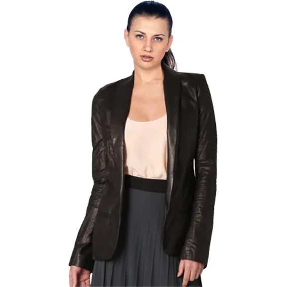 Classic Blazer Leather Black Real Lambskin Genuine Women Button Stylish Party