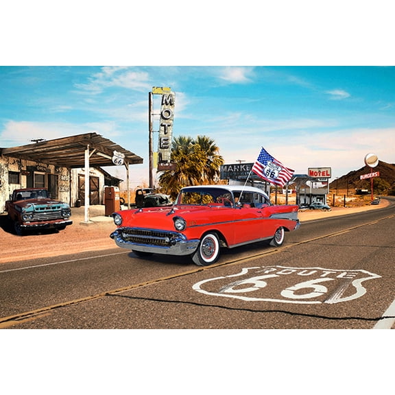 29" X 44" Panel Cotton Route 66 Antique Cars Vehicles Motels Past Road Multicolor Fabric Panel (W5413-339-SUMMER) by Hoffman California Fabrics