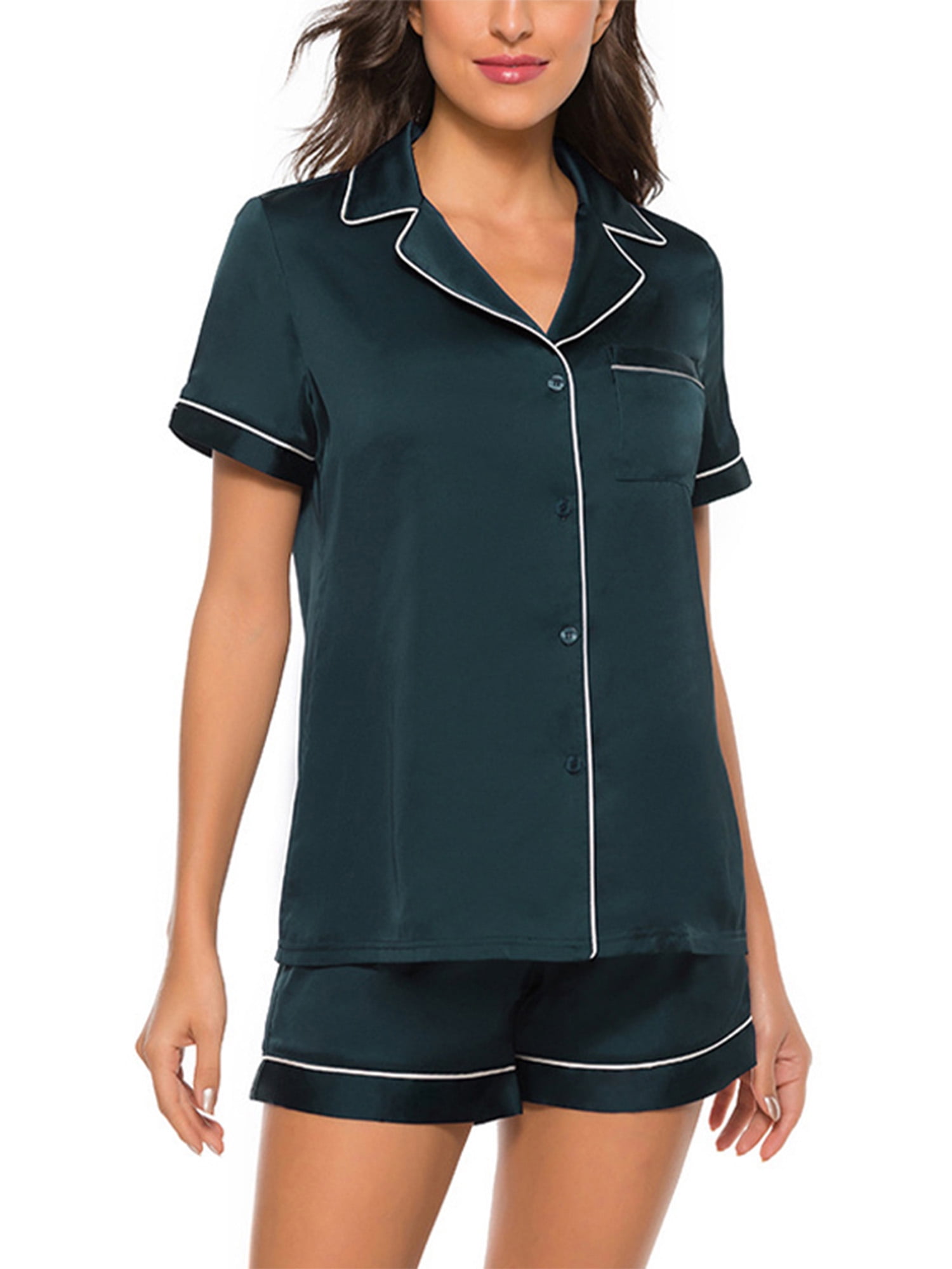 Lumento Womens Lapel V-Neck Button Lingerie Sleepwear Set Solid Color ...