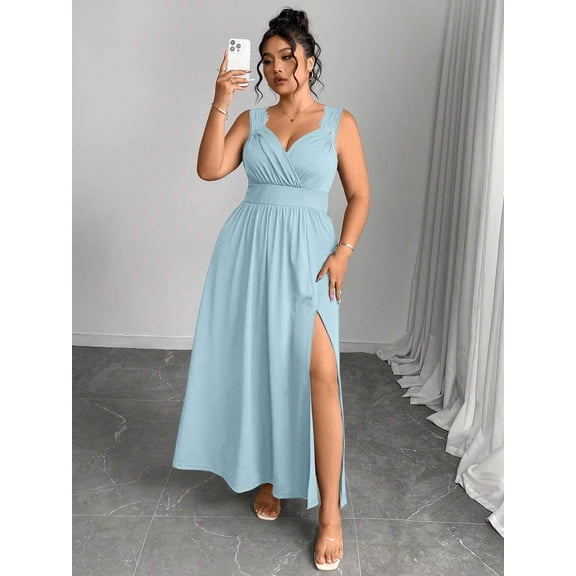 Baby Blue Plus Size V-Neck Lace Spaghetti Strap Maxi Dress With Side Slit