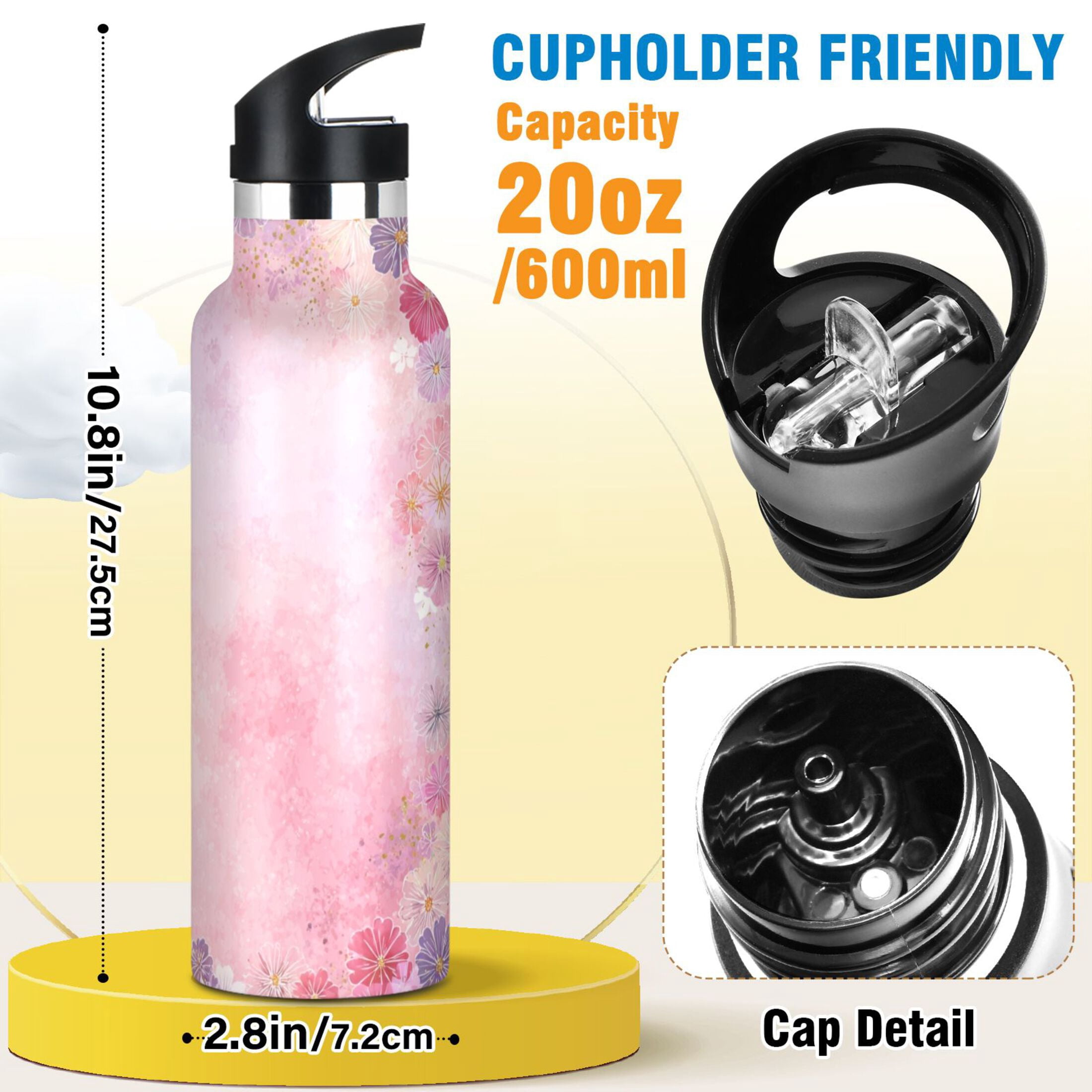 Kids Insulated Stainless Steel Sports Water Bottle 600ml (20oz) Colorful Pastel Floral Pattern