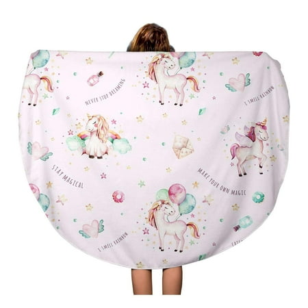 Beach Towels Cute KDAGR 60 inch Round Beach Towel Blanket Cute Watercolor Unicorn Pattern Nursery Aquarelle Princess Unicornscollection Pink Travel Circle Circular Towels Mat Tapestry Beach Throw ()
