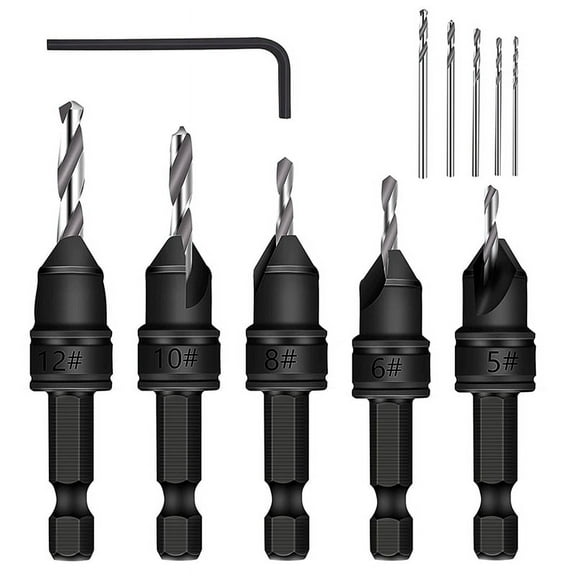 5-Piece 3/8-Inch Quick-Change 82° Chamfer Adjustable Drill Bits,HSS Wood Drill Bits Sink Hole Drilling Tool Kit