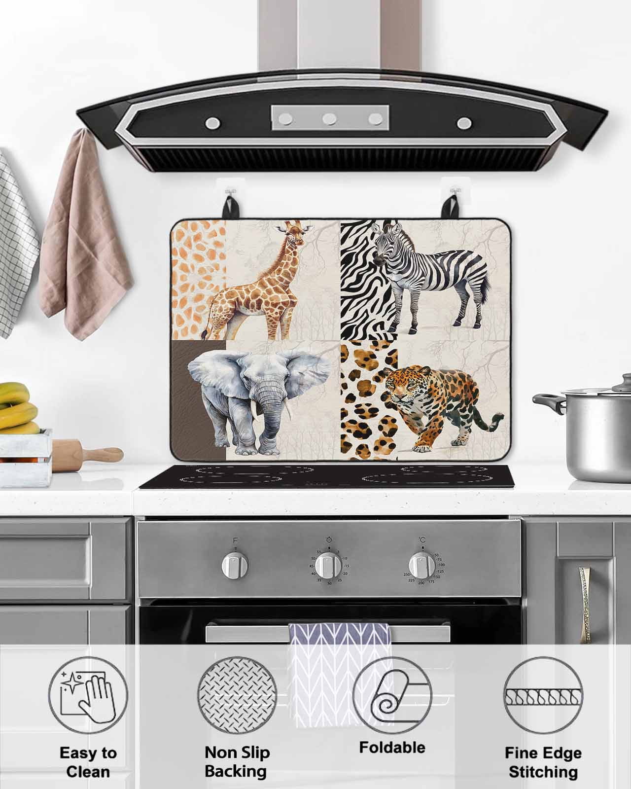 nqOlkjepod Large Induction Cooktop Protector Mat 24"x21", Modern Animals Stove Top Covers for Electric Stove, Vintage Giraffe Zebra Elephant Leopard Stove Burner Cover Mats, Glass Top Stove Cover