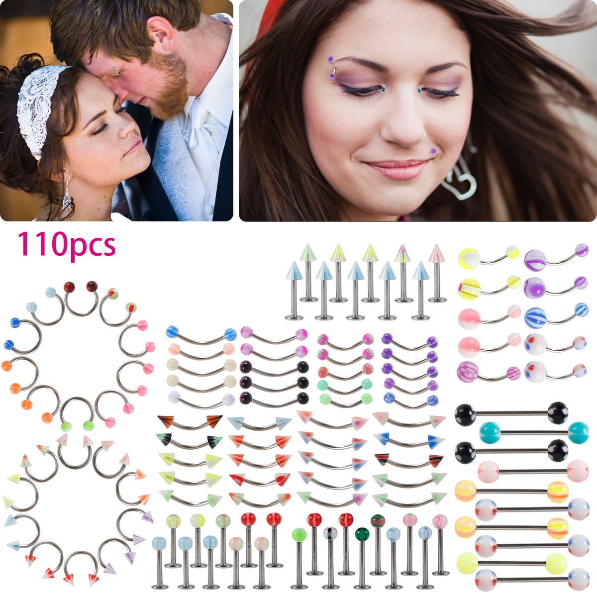 Littleduckling 110Pcs Body Piercing Kit with Belly Tongue Nose Eyebrow