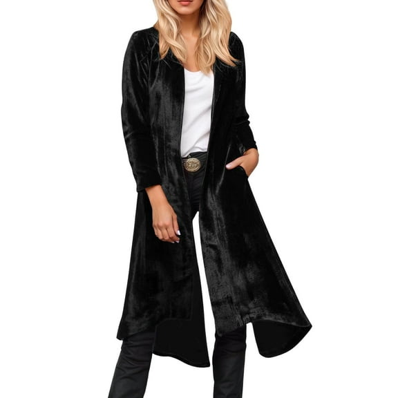 Velvet Long Open Front Cardigan Coat Elegant Retro High Slit Loose Fit Duster Outerwear With Pockets For Women