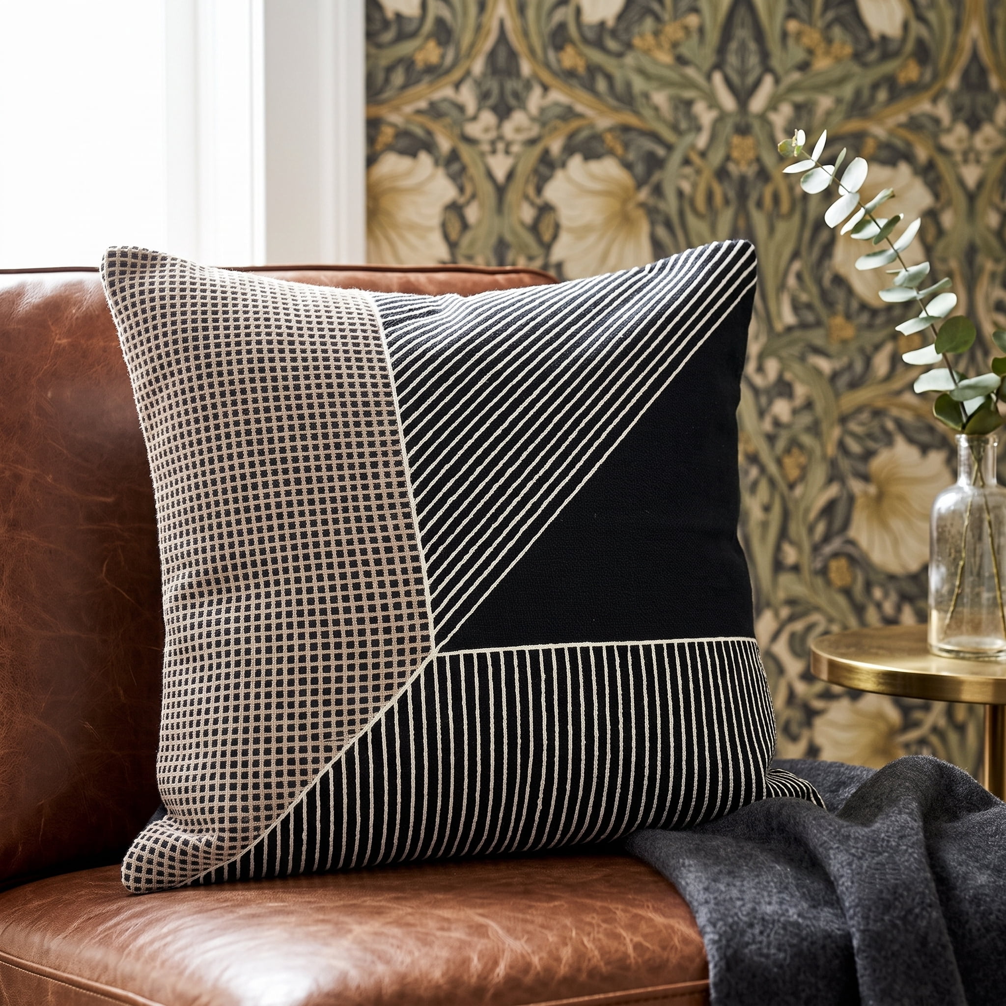 Harlow Hill and Stacy Garcia 20" x 20" Black/White Embroidered Geometric Cotton Adult Decorative Feather Filled Pillow
