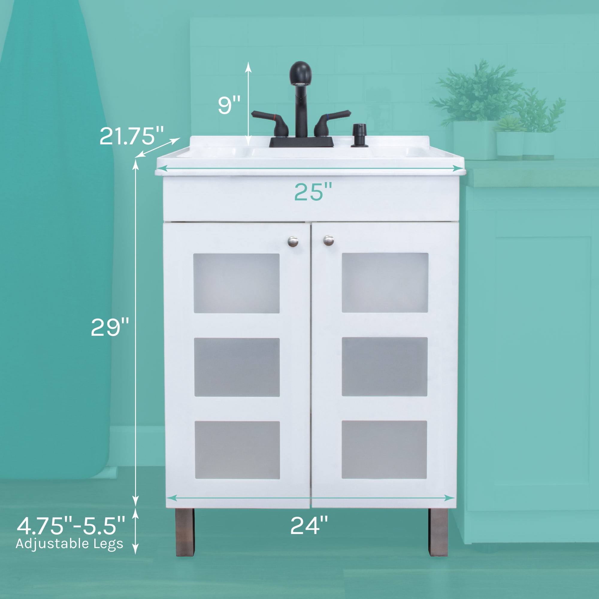 TEHILA White Utility Sink Laundry Vanity with Black Pull-Out Faucet and Soap Dispenser