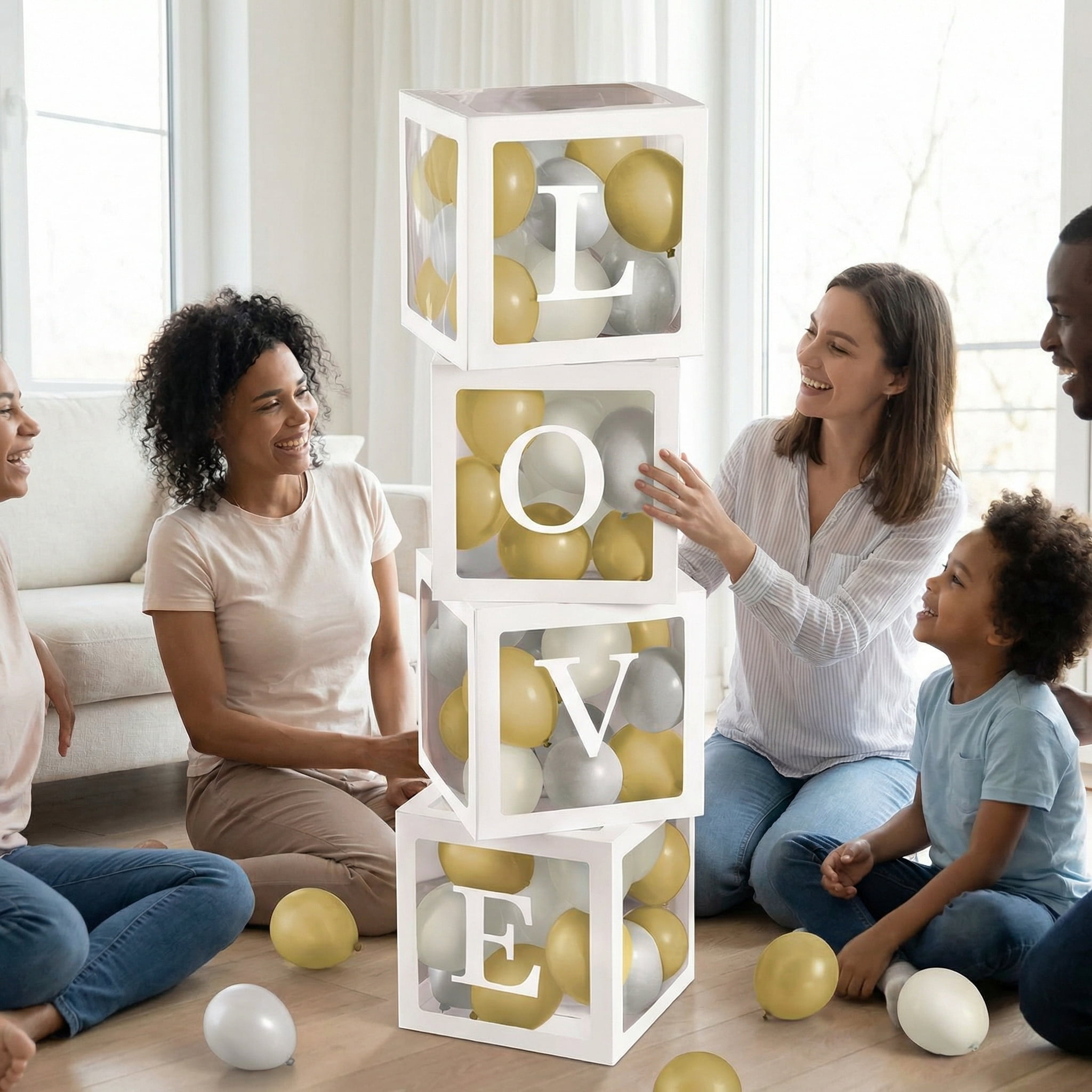 Love Balloon Boxes Set of 5 with 65 Gold & Silver Latex Balloons, 11.75in Cardstock Party Decoration Boxes, Easy Assemble for Birthday, Wedding, Engagement, Anniversary