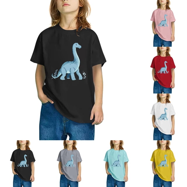 T-Shirts à Manches Courtes Col Rond pour Enfants Garçons Filles 3-10 Ans Dinosaure Imprimé Coton Mode Mignon Rose