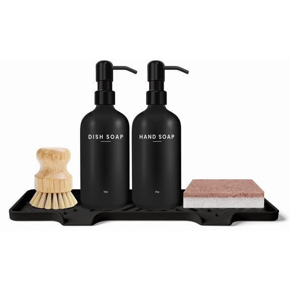 Kitchen Soap Dispenser Set - 17fl oz Glass Bottle, Stainless Steel Pump, Instant Dry Tray and Dish Brush for Bathroom, Office, Hotel, Modern Kitchen Decor & Accessories, Black