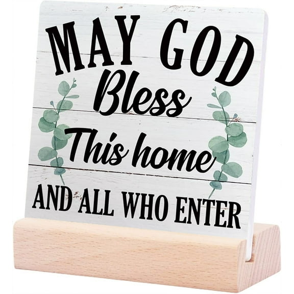 Ceramic Sign 4x4Inch May God Bless This Home And All Who Enter Sign Plaque Sign with Wood Stand Tabletop Decor Front Door Decor Welcome Home Decor Decor For Shelf Housewarming Decor Home Decor Gift