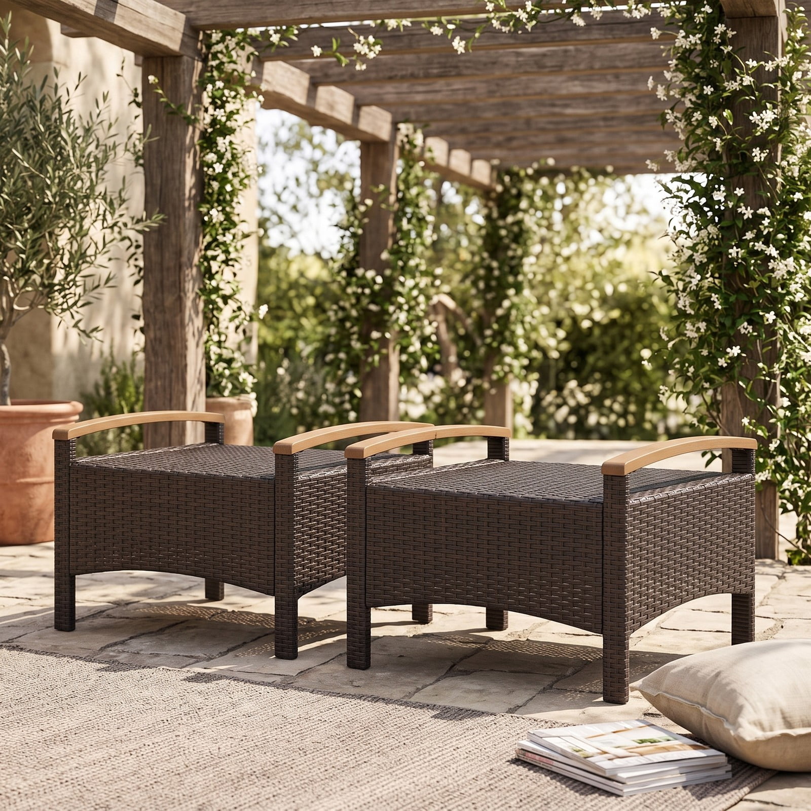 Furnibear Set of 2 Fade-Resistant PE Wicker Patio Ottomans with Cushions and Wood Handles for Outdoor Foot Rest and Extra Seating, Navy