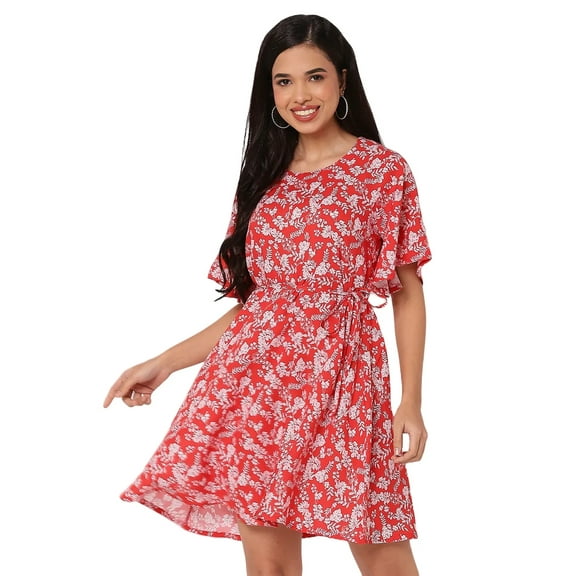 Moomaya Printed Rayon Dress, Flutter Sleeves Embroidered Casual Summer Dress