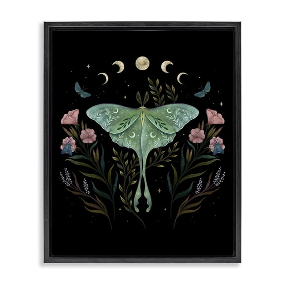 Stupell Industries Eclectic Luna Moth with Florals Black Floating Frame Canvas Art, 17 x 21, by Episodic Drawings