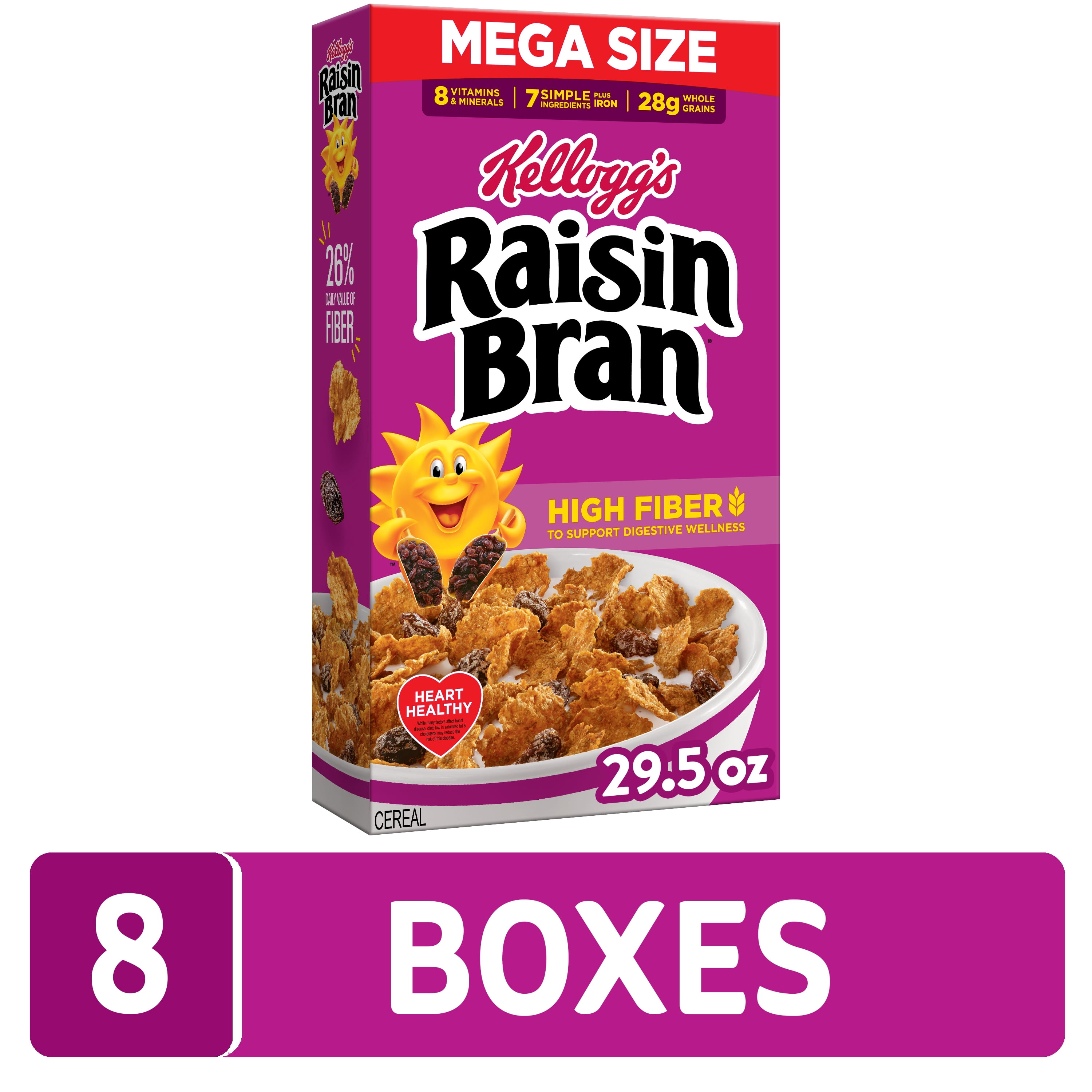 (8 pack) Kellogg’s Raisin Bran Breakfast Cereal, High Fiber, 28g Whole Grain, Mega Size, 29.5 oz