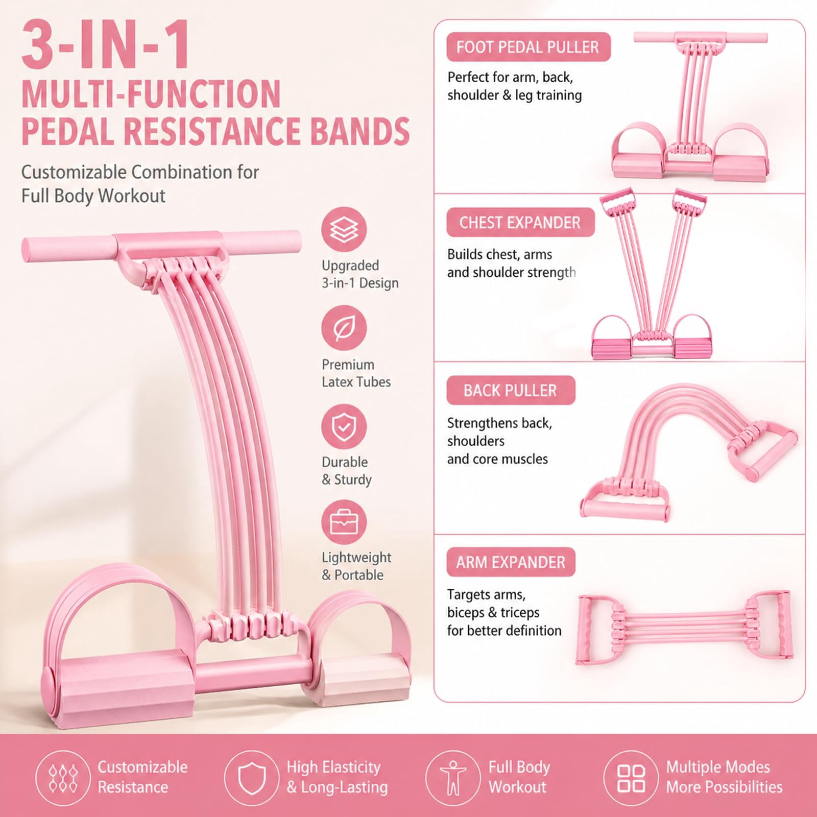 8 Tube Pedal Resistance Band with Handle – 3-in-1 Latex Foot Pedal Trainer for Back Stretch, Chest Expand, Home & Travel Gym