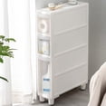 thumbnail image 1 of Armoire Haute Étroite pour Salle de Bain, Unité de Rangement Verticale avec 4 Tiroirs Transparents et Roulettes, Commode Étroite Autoportante Chariot de Rangement, Largeur 14cm/22cm, Sans Assemblage, 1 of 1