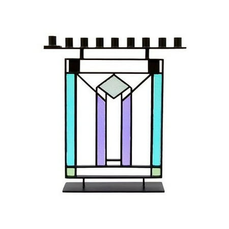 Glass Hanukkah Menorah - Purple and Blue Stained Regent Glass - Modern Design with Metal Frame. By: David Klass (Artist).