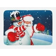 thumbnail image 1 of Christmas Bath Mat, Smiling Santa Claus Hugging Snowman in Cartoon Style Winter Hills Fir Trees, Non-Slip Plush Mat Bathroom Kitchen Laundry Room Decor, 29.5 X 17.5 Inches, Blue Red White, Ambesonne, 1 of 2