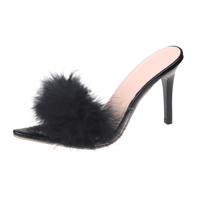 IUJSOY Womens Fuzzy Slippers High Heels Pointed Toe Stilettos Mules Sandals Fluffy Slip on Pumps
