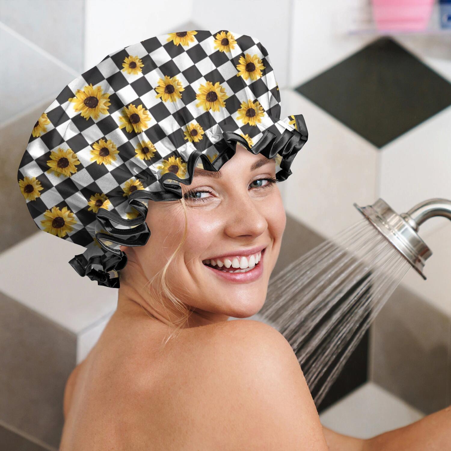 Shower Caps,Black White Checker Sunflower Pattern Waterproof Shower Cap for Women 4 Pieces,Double Reusable Hair Cover for Shower PEVA Elastic Stretch Hem