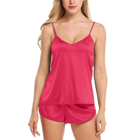 

Cuoff Women Sexy-Lingerie Sleepwear Satin Silk Babydoll Lace Up Nightwear Pajamas Set
