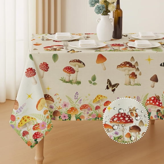Mushroom and Flower Rectangle Table Cloth Waterproof 6ft Fall Tablecloth 84"x60" Stain Resistant and Wrinkle Free Table Cover