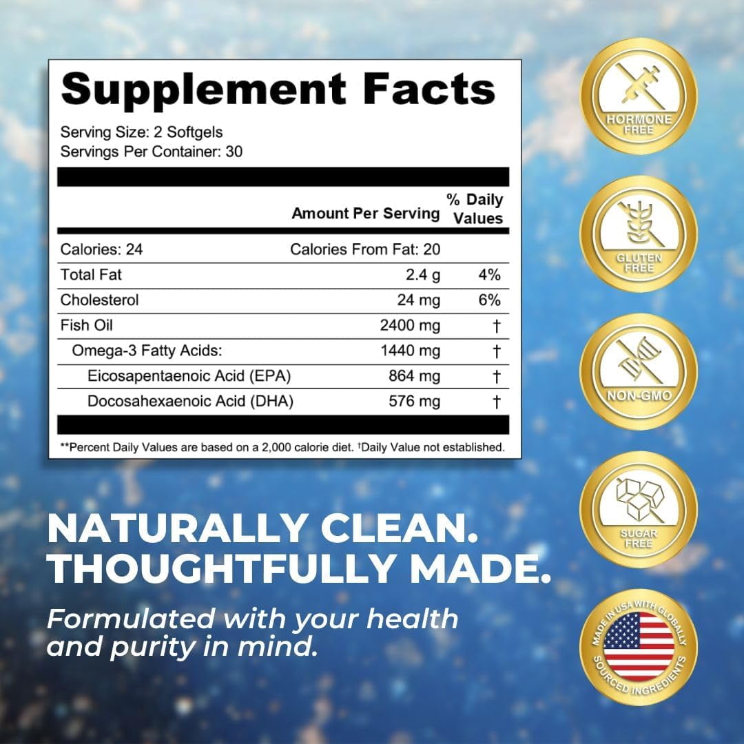 Vital Omega-3 Fish Oil – Daily Supplement for Heart and Brain Support – Non-GMO, Gluten-Free, Sugar-Free – Lemon Flavor – 30-Day Supply