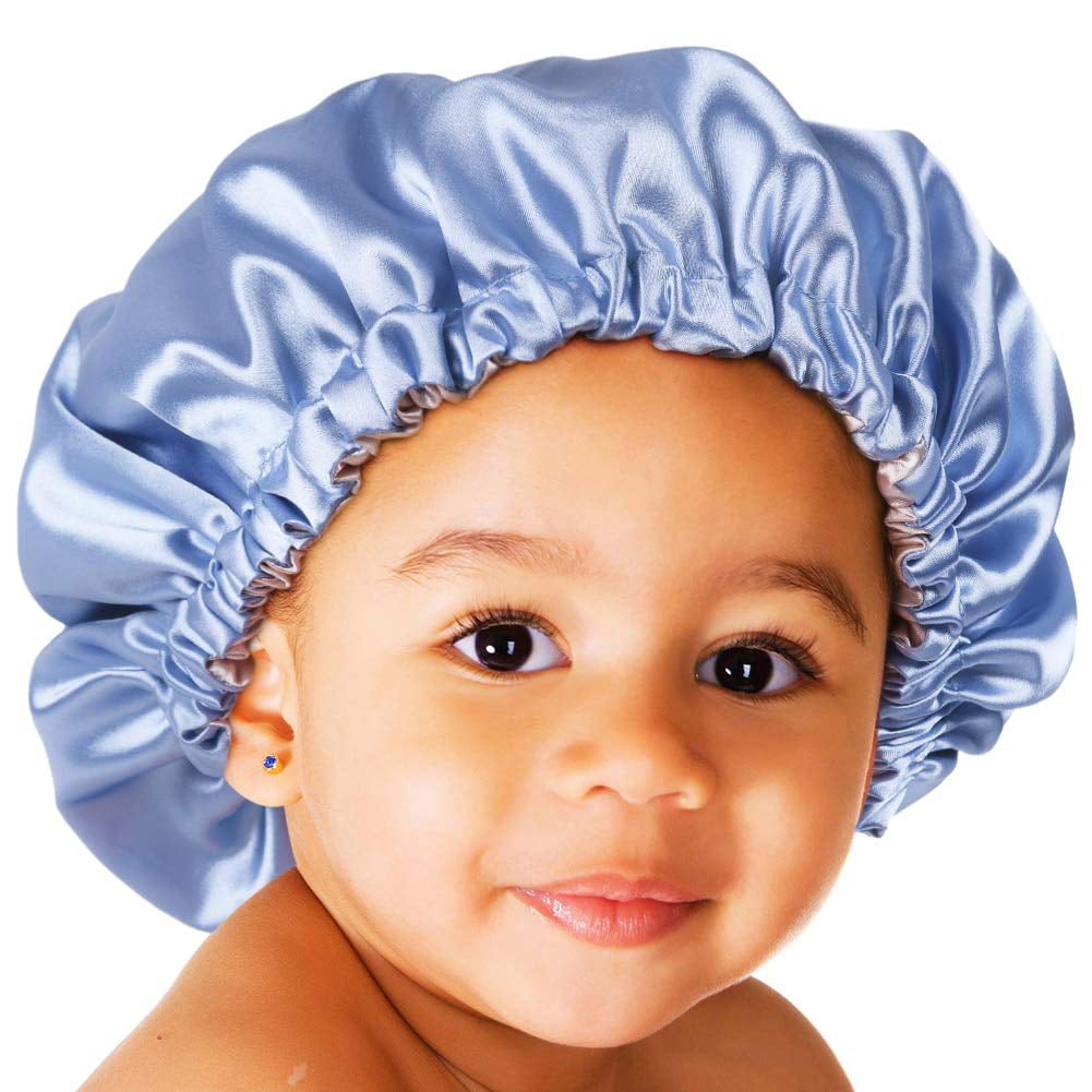 Esafio Baby Satin Bonnet Sleep Cap for Curly Hair Double Layer Reversible Adjustable Silky Satin Cap for Teens Toddler Child,Blue, Infant Unisex, Size