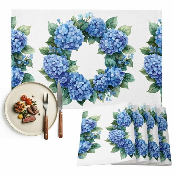 Blue Hydrangea Placemats Set of 2, Watercolor Floral Table Mats Washable Heat-Resistant Non-Slip Place Mats for Kitchen Dinner Table Indoor Outdoor Decor,13x19 Inch