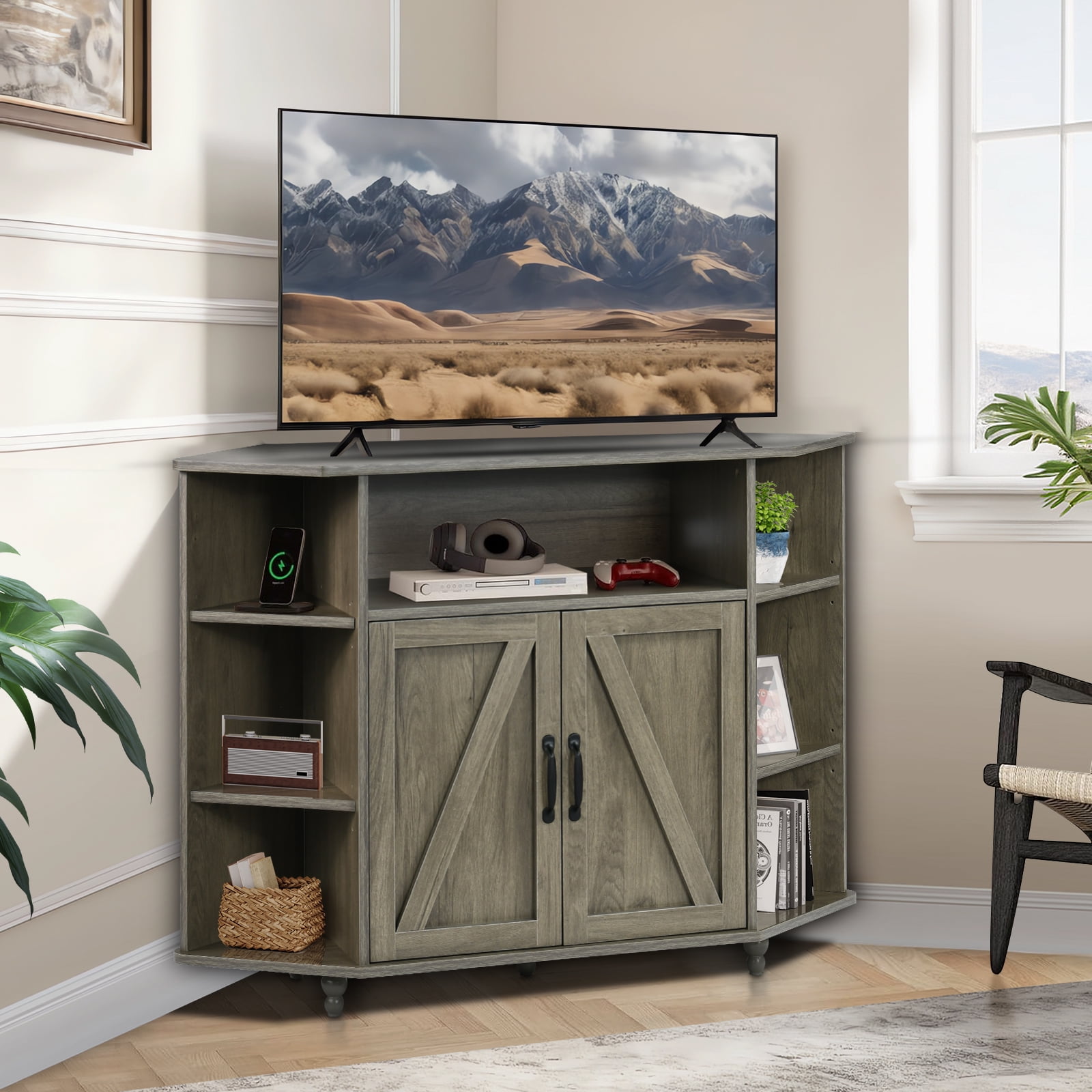 DreamCurship Modern Farmhouse Corner TV Stand for TVs Up to 55 Inch, Entertainment Center with Adjustable Shelves for Living Room, Wash Gray