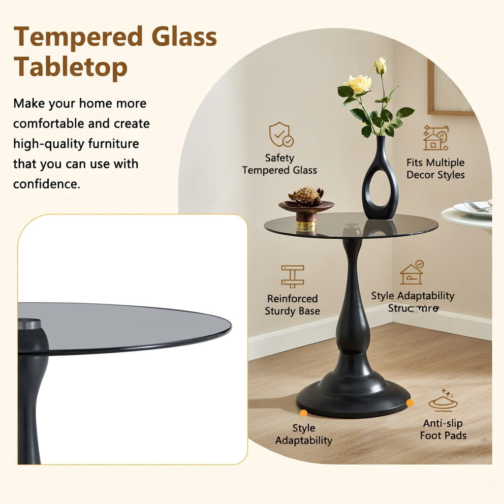 Hommoo Vintage Matte Round Side Table with Tempered Glass Top, 20.3" H, 19.6" Diameter, Sturdy Metal Base for Bedroom, Living Room, or Patio, Black