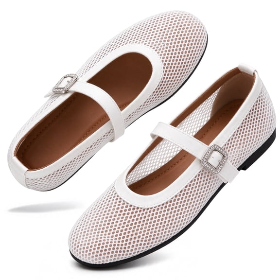 BERANMEY Women's Breathable Mesh Ballet Flats Casual Shoes with Crystal Buckle Fashion Fishnet Mary Jane Flats for Work & Everyday