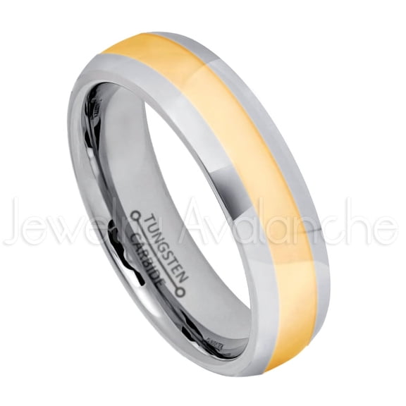 2-tone Dome Tungsten Ring - 6mm Polished Finish Yellow Gold Plated Comfort Fit Tungsten Carbide Ring - Anniversary Ring - TN179s9