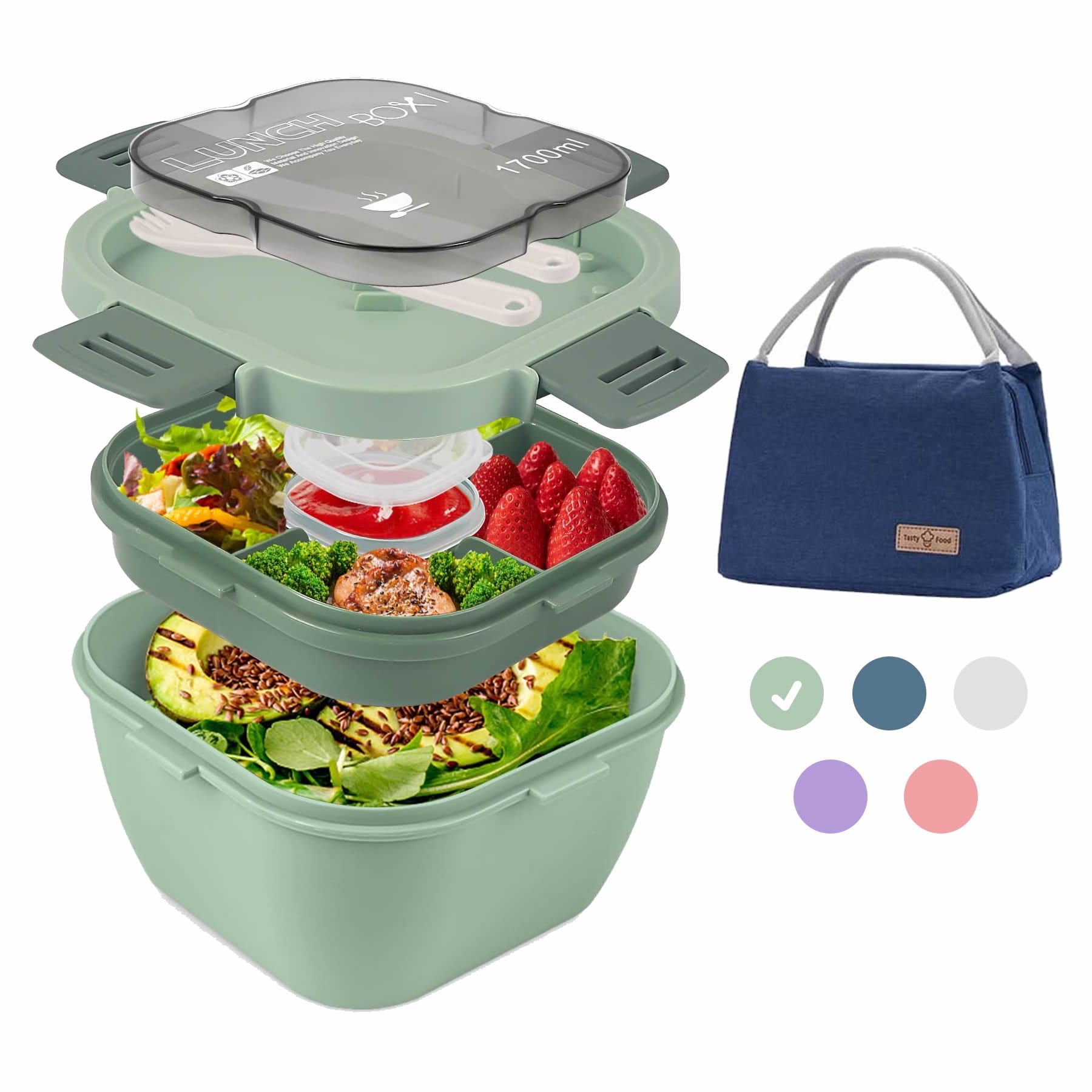 1 portable salad lunch container with seasoning container in the  compartment, breakfast lunch box for takeout, food preparation, fruit  snacks, milk