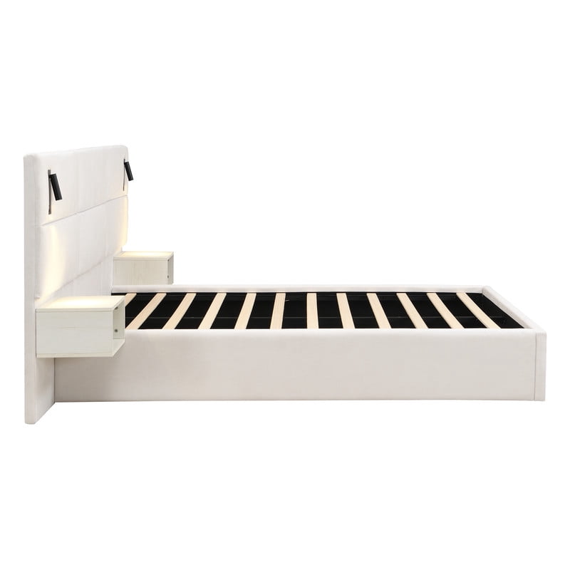 Queen Size Upholstered Bed Frame with 2 Reading Lights on Large Headboard, Storage Platform Bed Frame with 2 Open Shelves