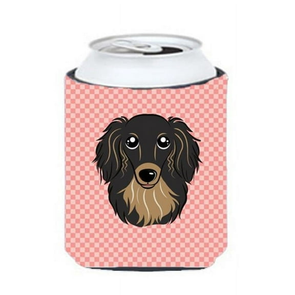 Checkerboard Pink Longhair Black And Tan Dachshund Can Or Bottle Hugger, 12 Oz.