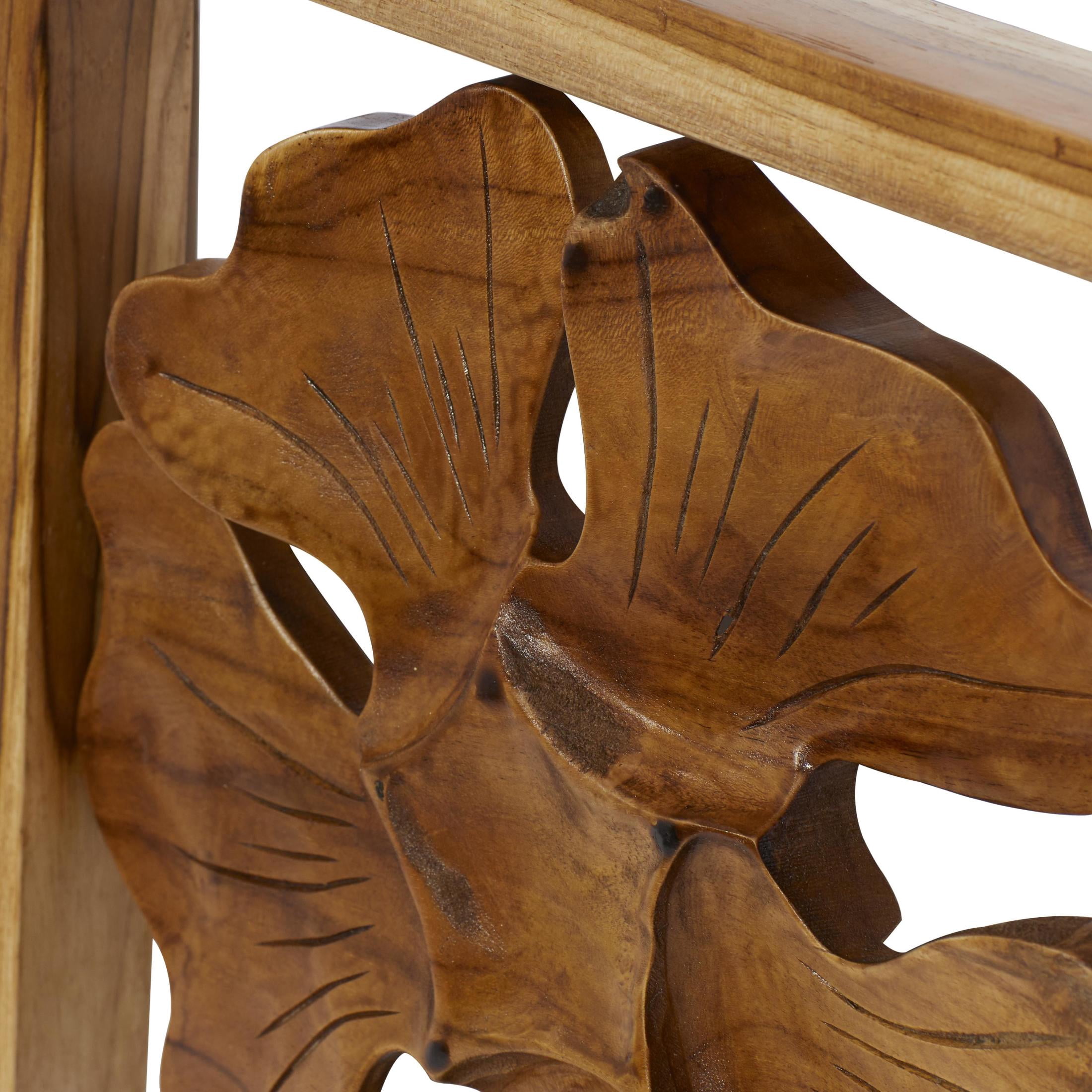 DecMode Brown Teak Wood Handmade Framed Carved Leaf and Floral Wall Decor (3 Count)