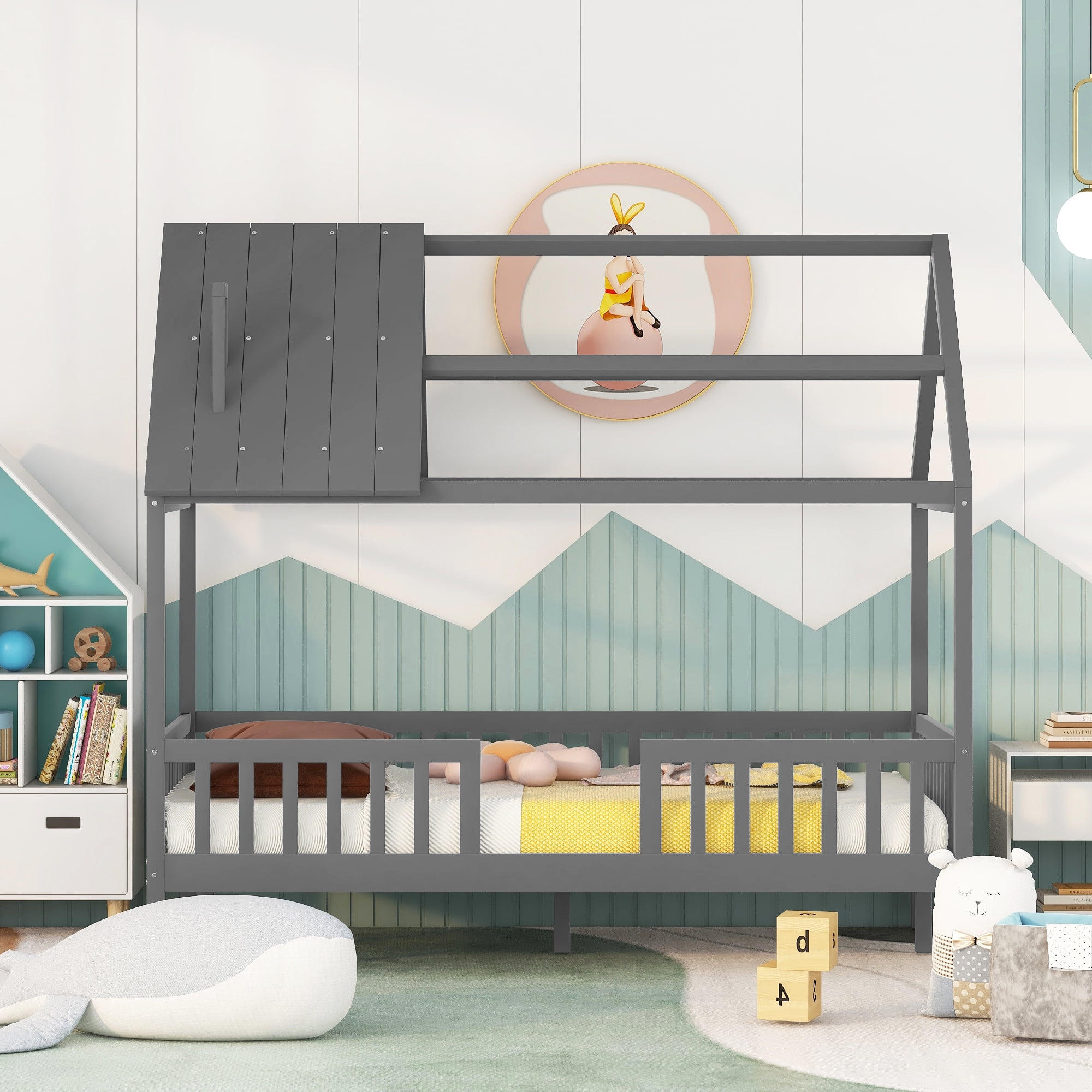 Bellemave Twin House Bed, Twin Size Wood Bed Frame with Roof and Fence, Montessori Beds Frame, No Box Spring Needed (Gray)