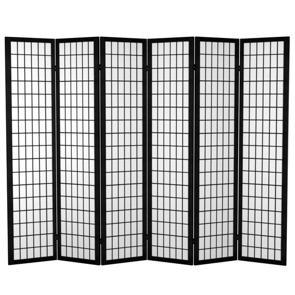 Oriental Furniture 6 ft. Tall Canvas Window Pane Room Divider - Black - 6 Panel