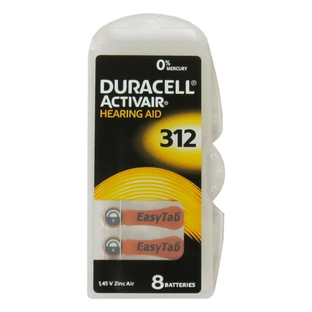 Piles pour appareils auditifs avec EasyTab de taille 312 de Duracell -  emballage de 8